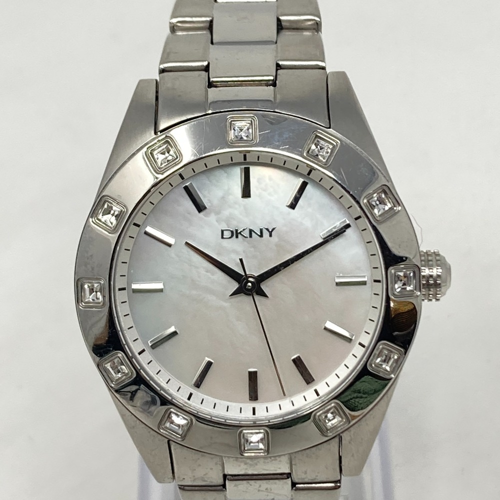 DKNY Watch Women 36mm Silver Tone Crystal Bling MOP Dial New Battery 6.5"